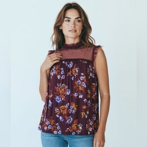 Arizona Jeans Wine Floral Sleeveless Mesh High Neck Top Size Medium